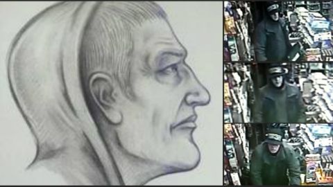 Boceto del sospechoso y fotos tomadas durante su más reciente asalto.