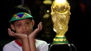Un pequeño basileño observa embelesado la Copa que viajó por 89 países y que el 1 de junio es esperada en Sao Paulo.