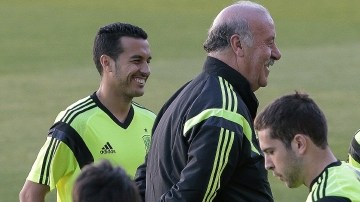 Vicente del Bosque conversa con los jugadores durante el entrenamiento.