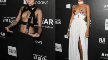 Así de sexys posaron Miley Cyrus y Rihanna durante el evento en Los Ángeles.
