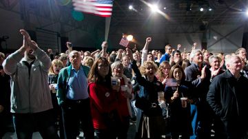 Partidarios del gobernador Scott Walker de Wisconsin esperan los resultados  de las elecciones en West Allis, Wisconsin.
