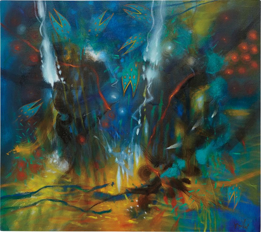 Obra de Carlos Jacanamijoy: "Creciente", óleo en lienzo.