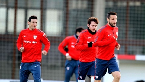 De izquierda a derecha, Aduriz, Ibai, Gurpegui, y Toquero  en el entrenamiento de cara al duelo de hoy en San Mamés.