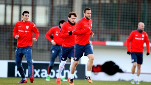 De izquierda a derecha, Aduriz, Ibai, Gurpegui, y Toquero en el entrenamiento de cara al duelo de hoy en San Mamés.