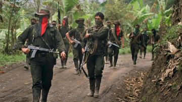 Miembros de la guerrilla Ejército de Liberación Nacional (ELN) patrullan un paraje rural en la zona del Sarare. Ayer anunciaron que no harán un  cese al fuego durante las elecciones de Colombia.