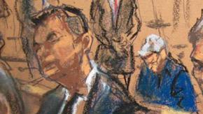 Aspecto de un sketch de la sesión del miércoles en una Corte de Nueva York, en el que se observa a Tom Brady (der.).