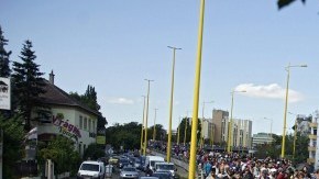 Refugiados camino a Austria.