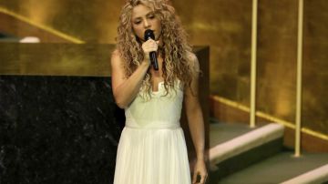 Shakira durante su interpretacuón de 'Imagine' ante las Naciones Unidas.
