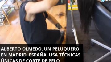 Alberto Olmedo usa armas de la Edad Media para cortar el cabello.