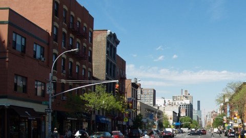 First Avenue in Manhattan. Avenues used to run two-way, which is safer for pedestrians, but were mostly made one-way, to make life easier for drivers.