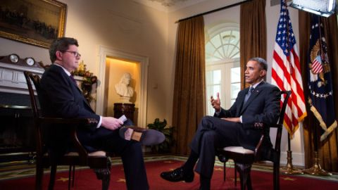 El presidente Barack Obama entrevistado por Olivire Knox, Corresponsal Jefe de Yahoo News en Washington.