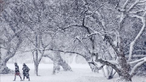 Unas personas caminan bajo una intensa nevada en los alrededores del Capitolio en Washington DC, Estados Unidos.