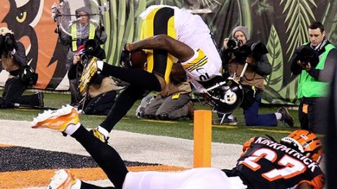 Martavis Bryant, receptor de Pittsburgh, sujeta el balón contra la parte trasera de su muslo para un increíble touchdown contra los Bengals.