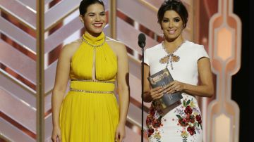 Presenters America Ferrera and Eva Longoria speak onstage during the 73rd Annual Golden Globe Awards