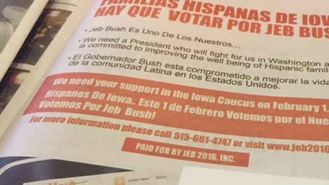 Jeb Bush ha seguido la tradición de su hermano, quien en 2000 movilizó a 500 votantes latinos en Iowa, y es uno de los precandidatos presidenciales que tiene personal y presupuesto de publicidad en medios hispanos del estado.