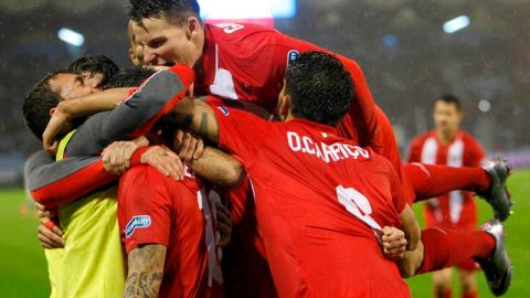 El festejo del segundo gol del Sevilla en Balaídos.