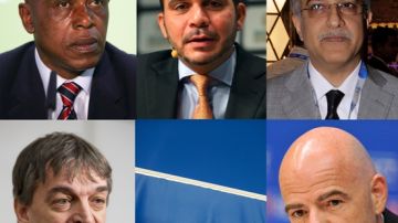 Candidatos a la presidencia de FIFA, conforme a las manecillas del reloj: Tokyo Sexwale, Ali Bin Al Hussein, Salman Bin Ebrahim Al Khalifa, Gianni Infantino y Jerome Champagne.