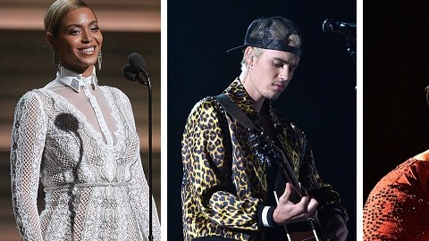 Beyonce, Justin Bieber y Adele en sus respectivas apariciones ayer en los Premios Grammy.