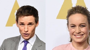 Los nominados Eddie Redmayne, Brie Larson y Sylvester Stallone en su paso por la alfombra roja previo al almuerzo para los nominados del Oscar este año.