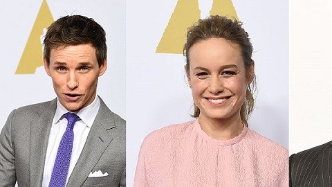 Los nominados Eddie Redmayne, Brie Larson y Sylvester Stallone en su paso por la alfombra roja previo al almuerzo para los nominados del Oscar este año.