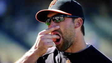 Mark DeRosa de los San Francisco Giants se introduce a la boca tabaco masticable.