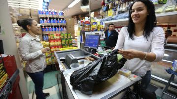 Cajera Niki Peralta empaca los productos en bolsas de plastico.
Bolsas de plastico son usadas en La Esperanza Supermarket en Washington Heights.
Photo Credito Mariela Lombard/El Diario NY.