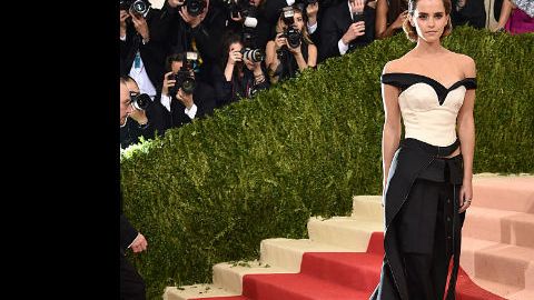 El vestido ecológico de Emma constaba de un corsé y un pantalón con sobrefalda y una larga cola.
