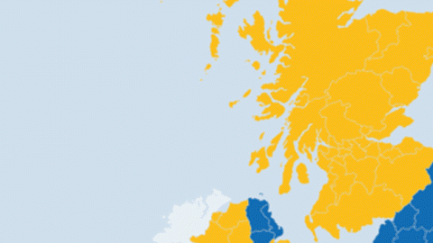 Mapa de Reino Unido que muestra el voto a favor y en contra de la permanencia del país en la Unión Europea.