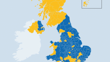 Mapa de Reino Unido que muestra el voto a favor y en contra de la permanencia del país en la Unión Europea.