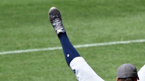 Logan Morrison de los Rays de Tampa luce de cabeza en las tribunas tras hacer un out espectacular.