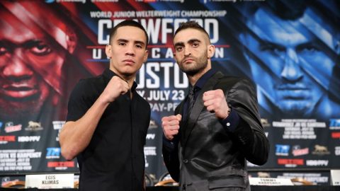 Óscar Valdez (izq.) y Matías Rueda durante la conferencia de prensa ayer en Las Vegas.