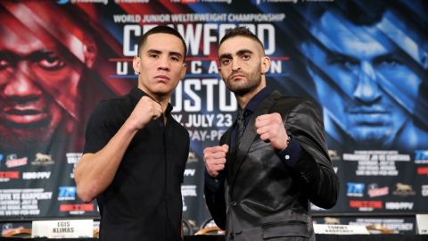 Óscar Valdez (izq.) y Matías Rueda durante la conferencia de prensa ayer en Las Vegas.