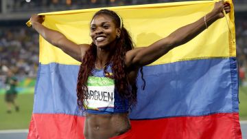 RIO DE JANEIRO, BRAZIL - AUGUST 14:  Caterine Ibarguen of Colombia celebates placing first in the Women's Triple Jump final on Day 9 of the Rio 2016 Olympic Games at the Olympic Stadium on August 14, 2016 in Rio de Janeiro, Brazil.  (Photo by Alexander Hassenstein/Getty Images)