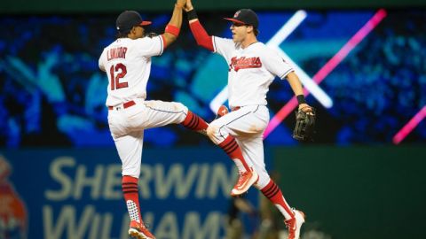 Francisco Lindor (izq.), estrella de los Indios, aquí celebrando con Tyler Naquin. Cleveland es uno de los mejores equipos de la temporada.