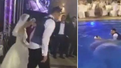 El novio salió primero a la superficie del agua.
