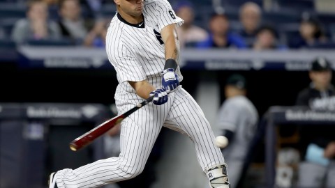 NEW YORK, NY - MAY 13: Gary Sanchez #57 grounds out in the ninth inning against the Chicago White Sox at Yankee Stadium on May 13, 2016 in the Bronx borough of New York City.The Chicago White Sox defeated the New York Yankees 7-1. (Photo by Elsa/Getty Images)