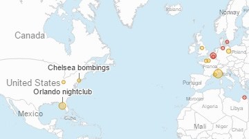 El mapa muestra actos directos y posibles acciones terroristas.