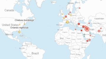 El mapa muestra actos directos y posibles acciones terroristas.