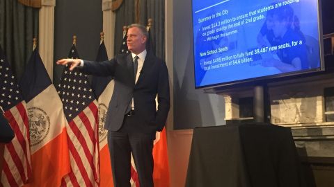 El alcalde de Nueva York Bill de Blasio durante la presentación del presupuesto para el año fiscal 2018 en City Hall