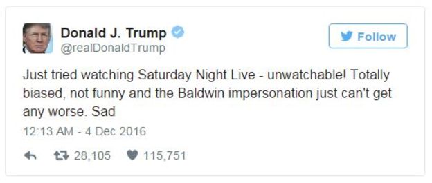 "Recién intenté ver 'Saturday Night Live': ¡es imposible de mirar! Totalmente sesgado, nada gracioso y la interpretación de Baldwin no podría ser peor. Triste", dice uno de los tantos tuits de Trump contra el programa.