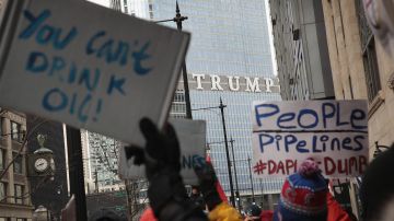 CHICAGO, IL - FEBRUARY 04:  Demonstrators march toward Trump Tower while protesting the construction of the Dakota Access pipeline on February 4, 2017 in Chicago, Illinois. President Donald Trump recently signed executive actions to advance approval of Dakota Access and the Keystone XL pipelines, undermining efforts by the administration of President Barack Obama to block their construction.  (Photo by Scott Olson/Getty Images)