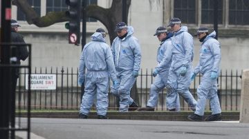 Miembros de la policía forense inspeccionan los alrededores del Parlamento en Londres.