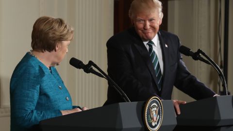 WASHINGTON, DC - MARCH 17: U.S. President Donald Trump (R) holds a joint press conference with German Chancellor Angela Merkel in the East Room of the White House on March 17, 2017 in Washington, DC. The two leaders discussed strengthening NATO, fighting the Islamic State group, the ongoing conflict in Ukraine and held a roundtable discussion with German business leaders during their first face-to-face meeting. (Photo by Chip Somodevilla/Getty Images)