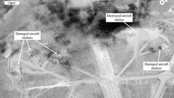 Fotografía facilitada por la Oficina de la Secretaría de Defensa (OSD) que muestra una evaluación de los daños tras el bombardeo estadounidenses en el campo de aviación de Shayrat, Siria