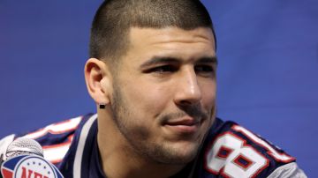 INDIANAPOLIS, IN - JANUARY 31: Aaron Hernandez #81 of the New England Patriots answers questions from the media during Media Day ahead of Super Bowl XLVI against the New York Giants at Lucas Oil Stadium on January 31, 2012 in Indianapolis, Indiana. (Photo by Michael Heiman/Getty Images)