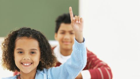 Schoolgirl (8-9) raising her hand in a classroom with a schoolboy (10-11) behind her