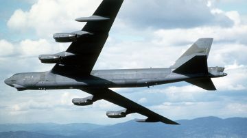 FILE PHOTO: An air-to-air left underside view of the 92nd Bombardment Wing's new camouflaged B-52G Stratofortress aircraft. This B-52G is the first fully camouflaged aircraft of its type. (Photo by USAF)