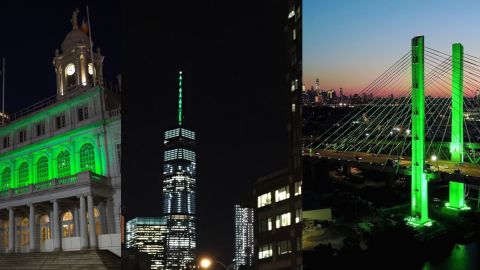 El City Hall, el World Trade Center y el puente Kosciuszko se iluminaron de verde en apoyo al Acuerdo de París.