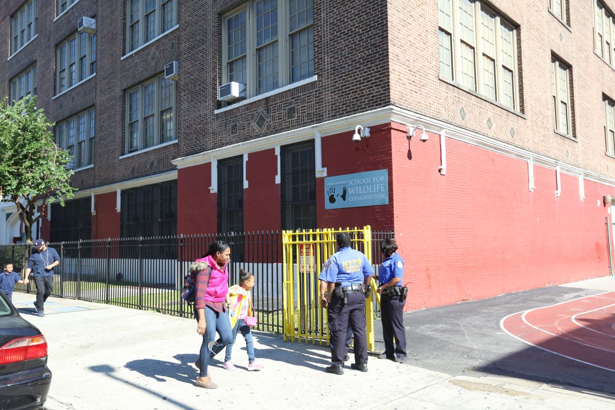 Seguridad de la policia hoy lunes en la Escuela de El Bronx donde un estudiante apuñalo a dos compañeros.