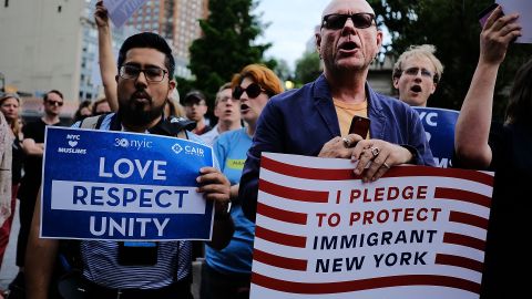 NEW YORK, NY - JUNE 29:  Recent Immingrants join activists for an evening protest in Manhattan hours before a revised version of President Donald Trump's travel ban that was approved by the Supreme Court is to take effect on June 29, 2017 in New York City. Hundreds of protesters marched through the streets demanding and end to the ban which prohibits for 90 days the entry of travellers from six predominantly Muslim countries: Iran, Libya, Somalia, Sudan, Syria and Yemen. The court granted an exception for people with 'bona fide relationships' in the United States.  (Photo by Spencer Platt/Getty Images)